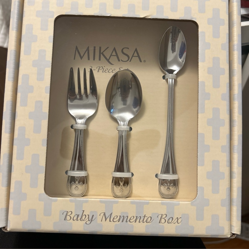 NEW Mikasa 3 Piece Set Baby Memento Gift Box "Cross" Fork, Spoon & Feeding Spoon